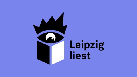 Leipzig liest Logo vor blauem Hintergrund Leipzig liest Logo vor blauem Hintergrund
