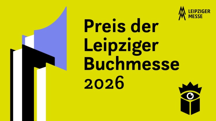 Grafik mit dem Logo vom Preis der Leipziger Buchmesse 2026 auf zitronengelbem Hintergrund und einem angedeuteten Bücherstapel