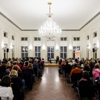 Interior view of the Leipzig Reads location Alte Handelsbörse with a full audience during the Leipzig Book Fair 2024