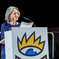 Swiss literary critic and author Sieglinde Geisel holds the laudatory speech for prizewinner Alhierd Bacharevič