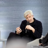 Karl Ove Knausgård from the Norway 2025 Guest of Honor pavilion speaks on the ARD stage at the Leipzig Book Fair 2025
