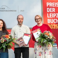 Prize of Leipzig Book Fair 2025: The prizewinners (from left to right): Irina Rastorgueva, Thomas Weiler, Kristine Bilkau